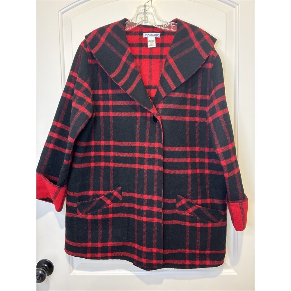 Pendleton‎ Reversible Merino Wool Plaid Coat Red Black Hooded Jacket Womens L